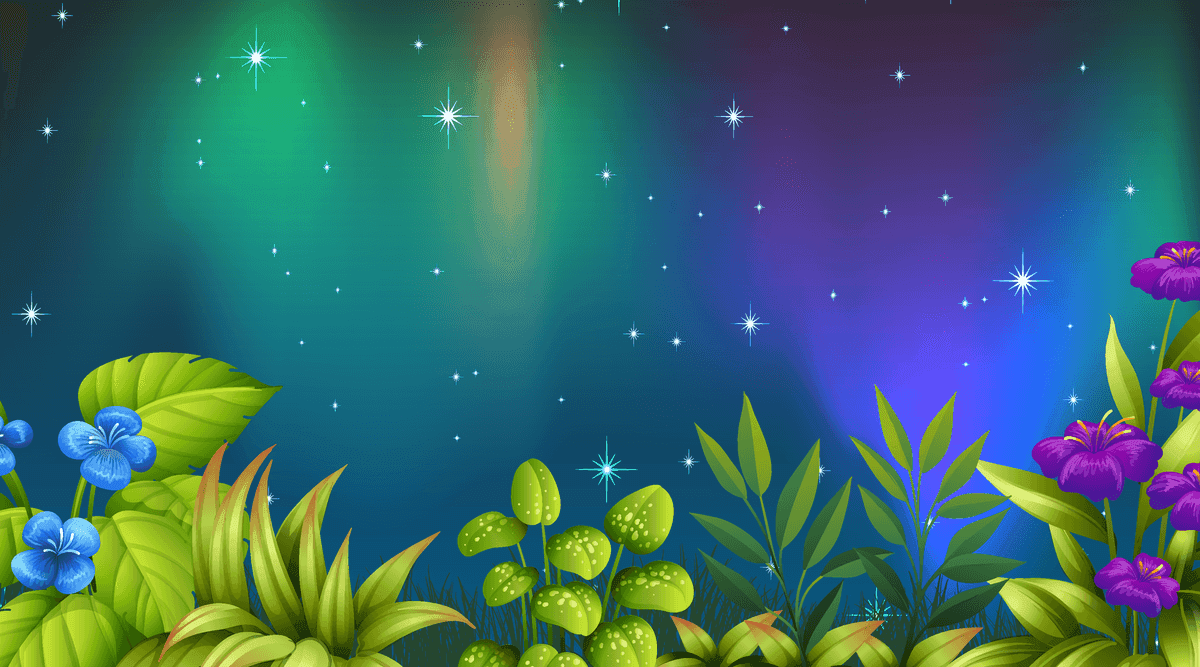 empty black nature landscape set with vibrant plants and magical aurora background effects