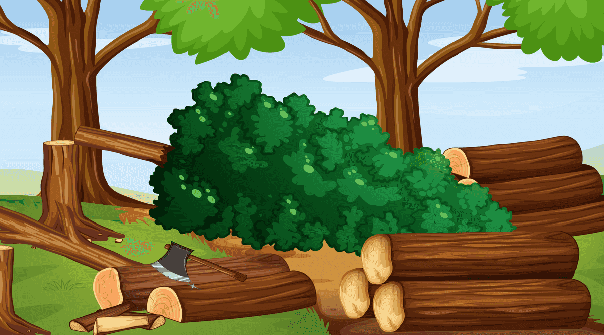 empty black nature landscape set with trees, logs, and axe featuring a serene outdoor scene