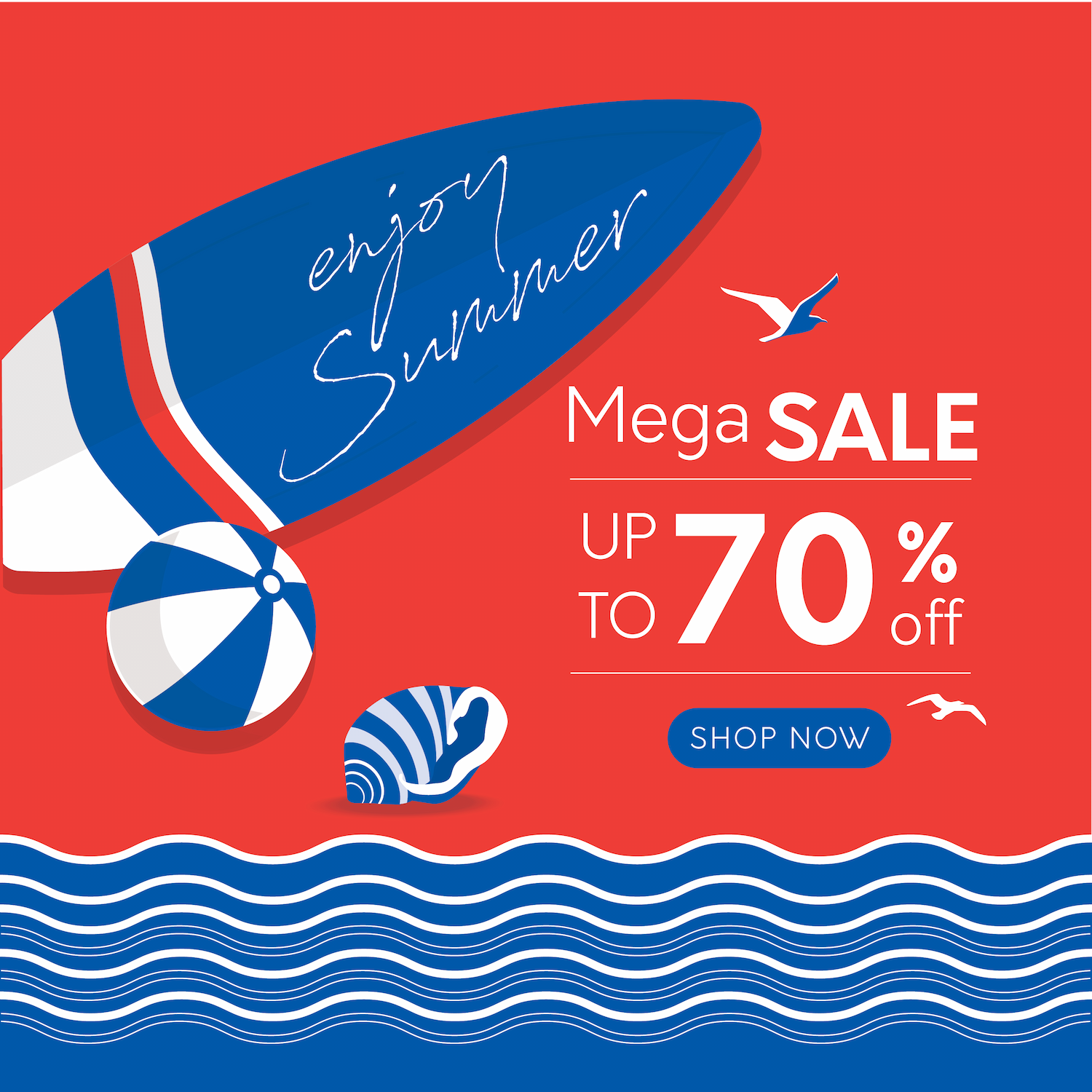 summer sale template with surfboard and beach elements offering up to 70% off