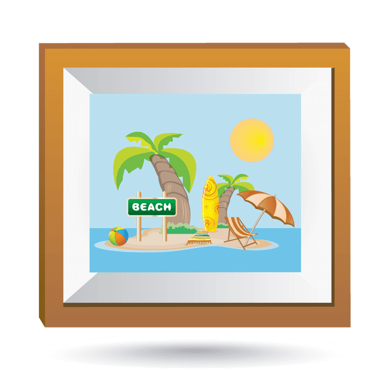 exquisite technology icon vector showcasing a vibrant beach scene with sun, surfboard, and palm trees