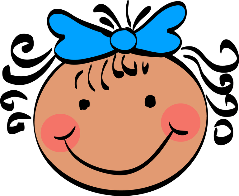 funny kids face cartoon styled with joyful smile and playful blue bow