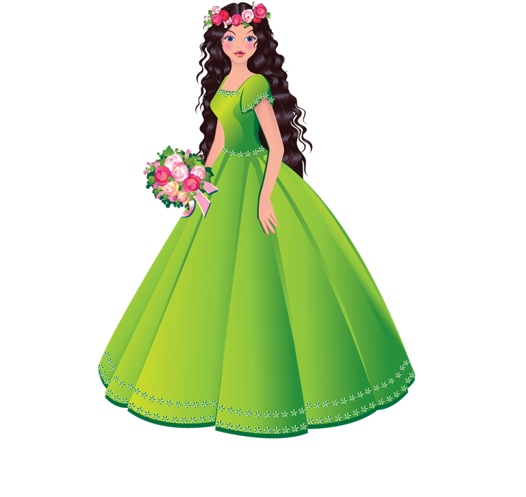 fairy beautiful princess vector illustration with floral bouquet in vibrant green gown