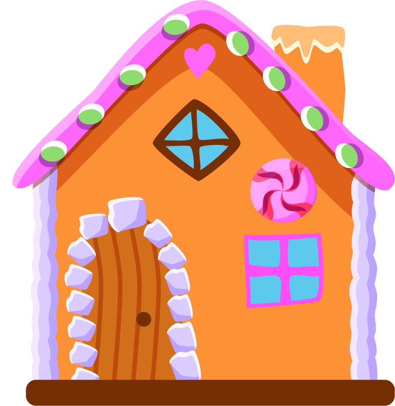 fairytale candyland items illustration featuring a whimsical gingerbread house with colorful details