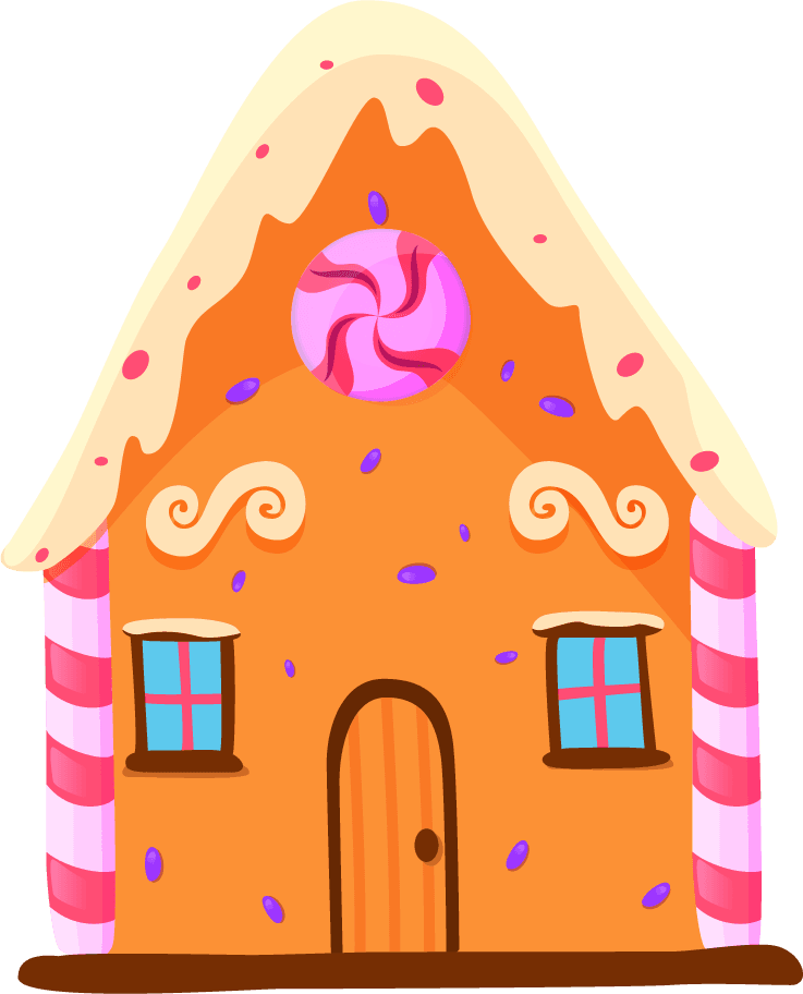 fairytale candyland items illustration featuring a whimsical gingerbread house with colorful details