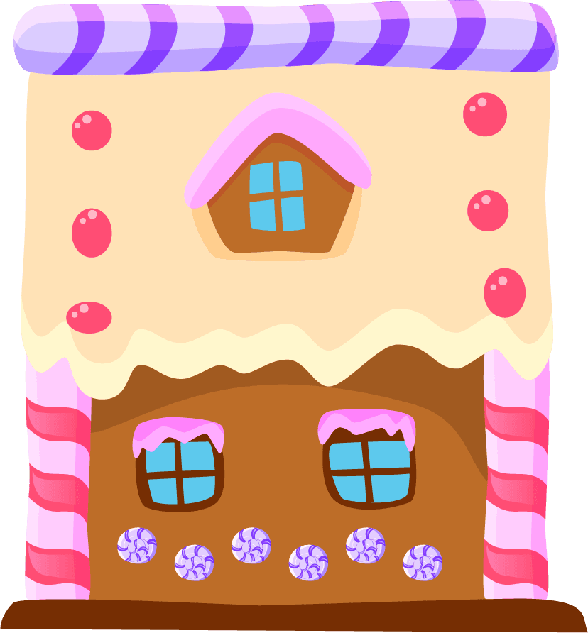 fairytale candyland items illustration featuring a whimsical gingerbread house with candy details