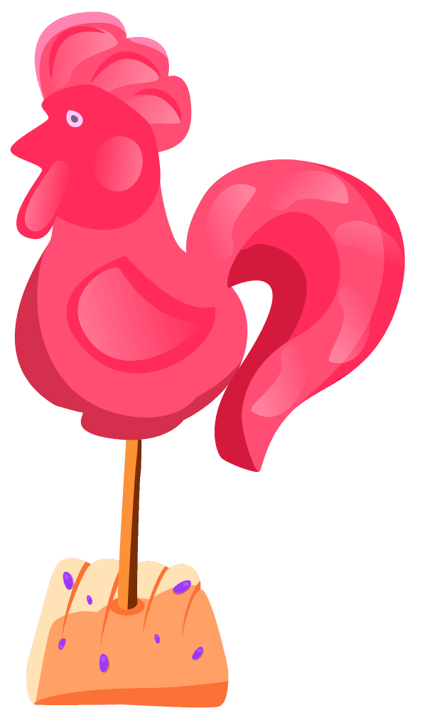 fairytale candyland items illustration featuring a whimsical pink rooster on a dessert base