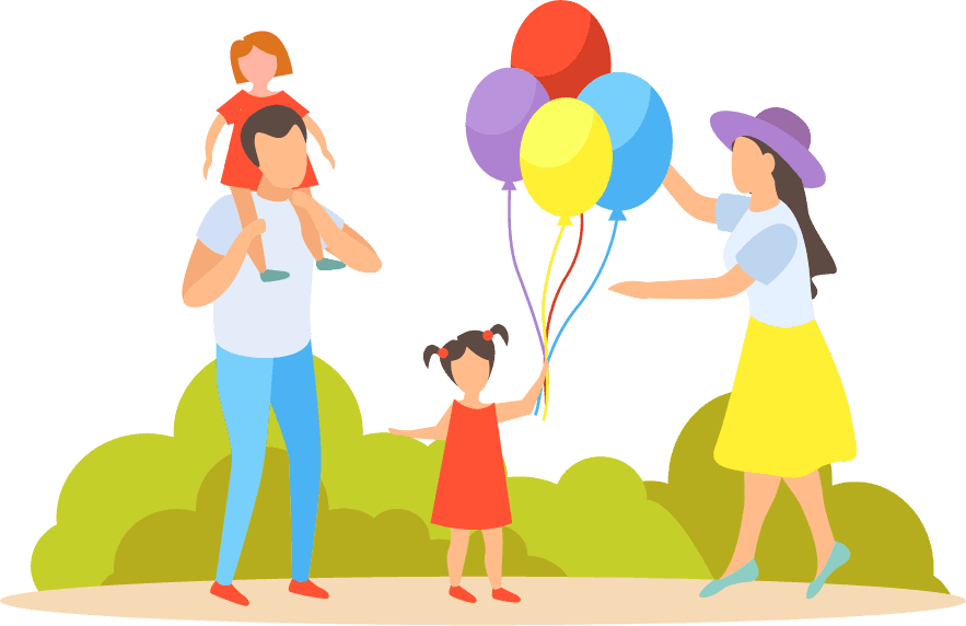 flat style family activities illustration featuring joyful moments with children and vibrant balloons