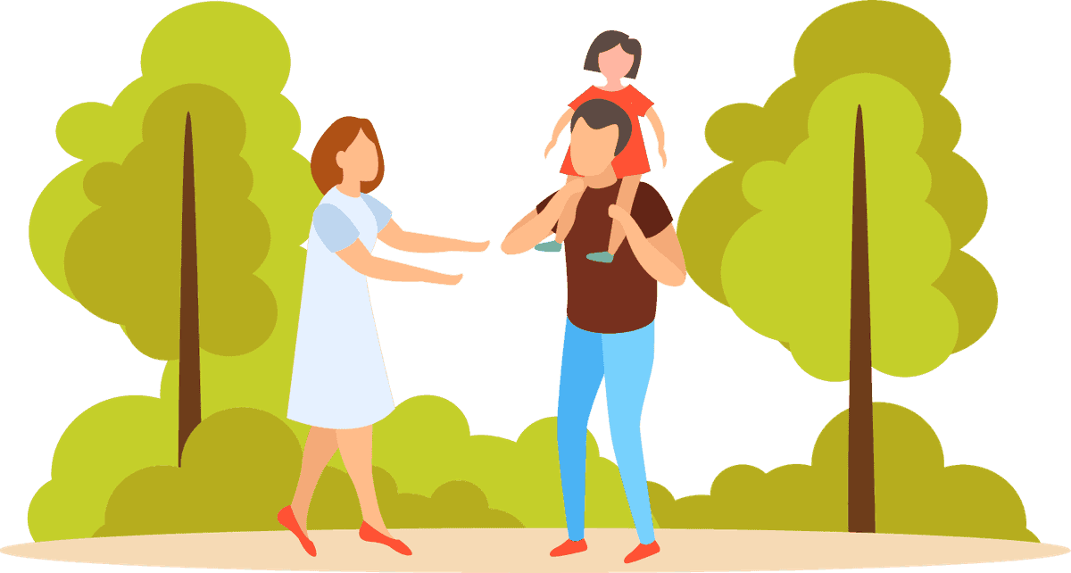 flat style family activities illustration featuring parents engaging with children outdoors