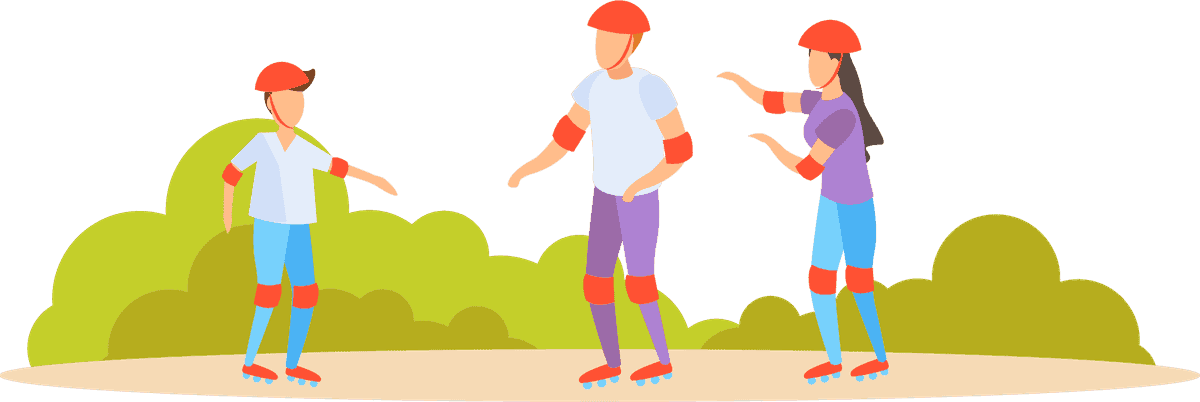 flat style family activities illustration featuring children rollerblading together in a vibrant park