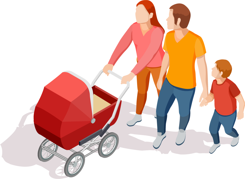 isometric family activities illustration with shadow