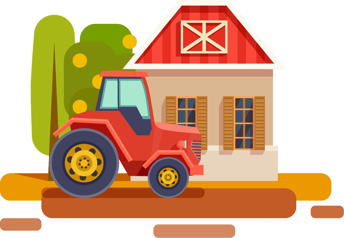 farm flat scenery collection featuring a red tractor and cozy farmhouse environment