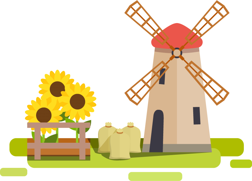 farm flat scenery collection featuring a windmill, sunflowers, and harvest visuals