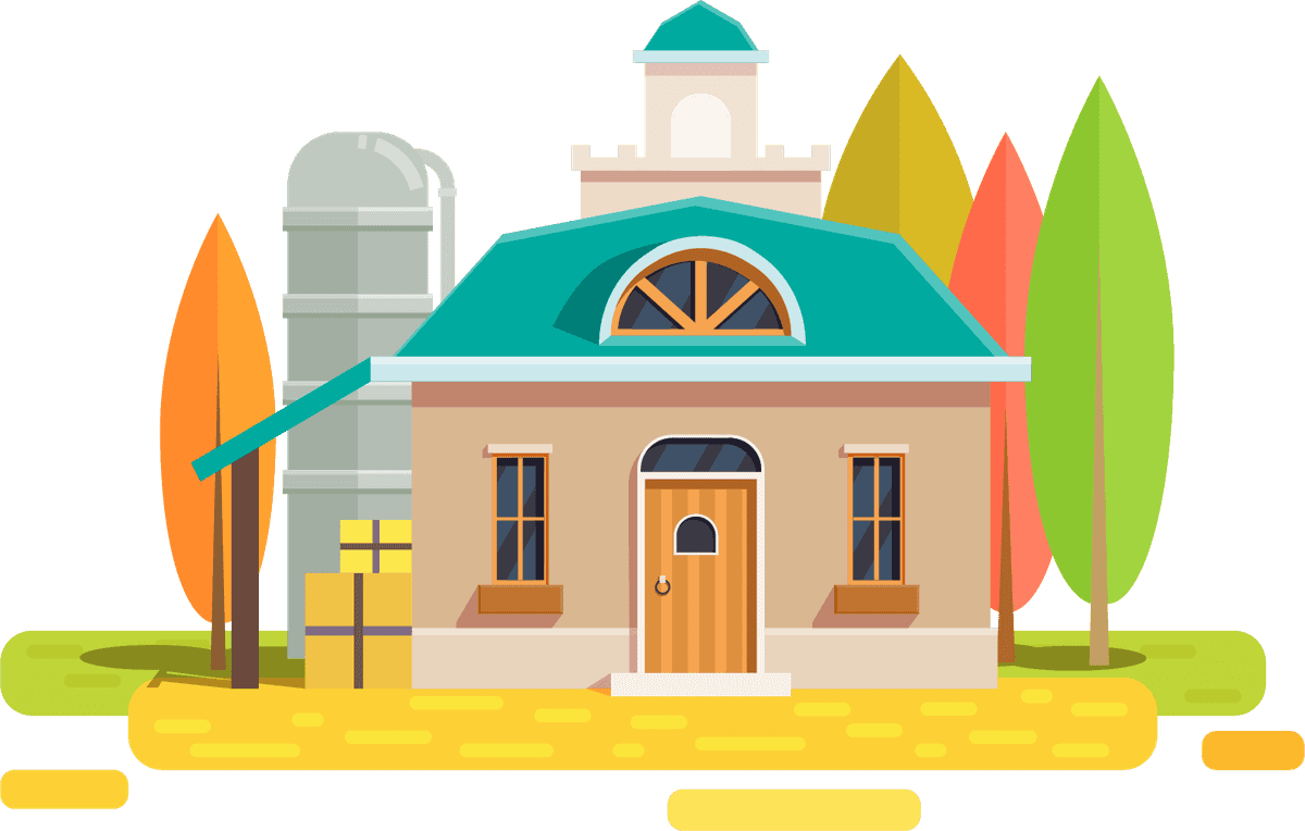 charming farm flat scenery collection with vibrant trees and a multicolored barn