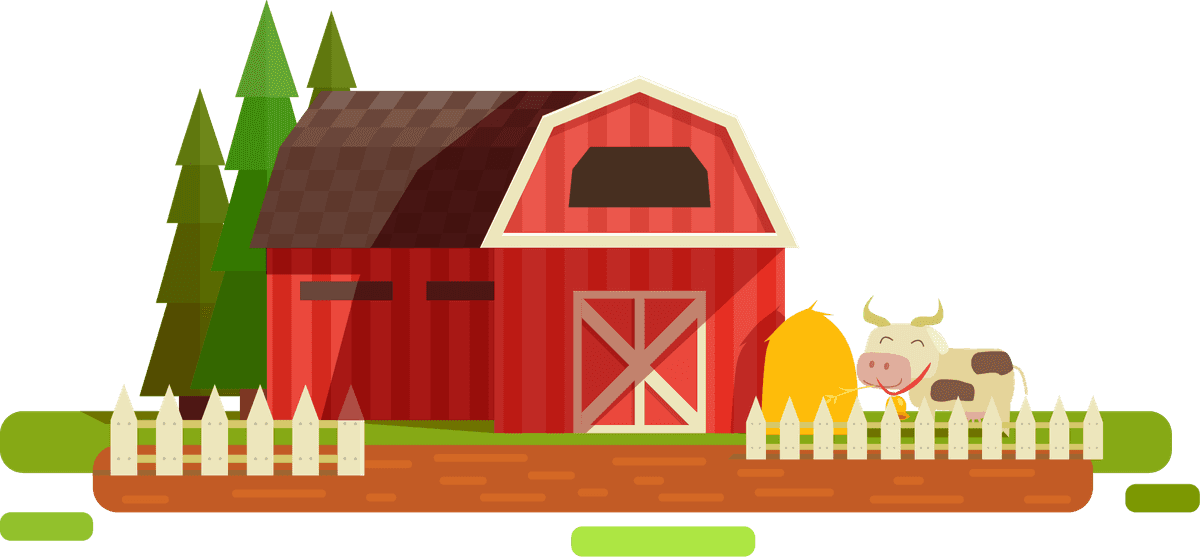 farm flat scenery collection featuring a barn, cow, and vibrant greenery
