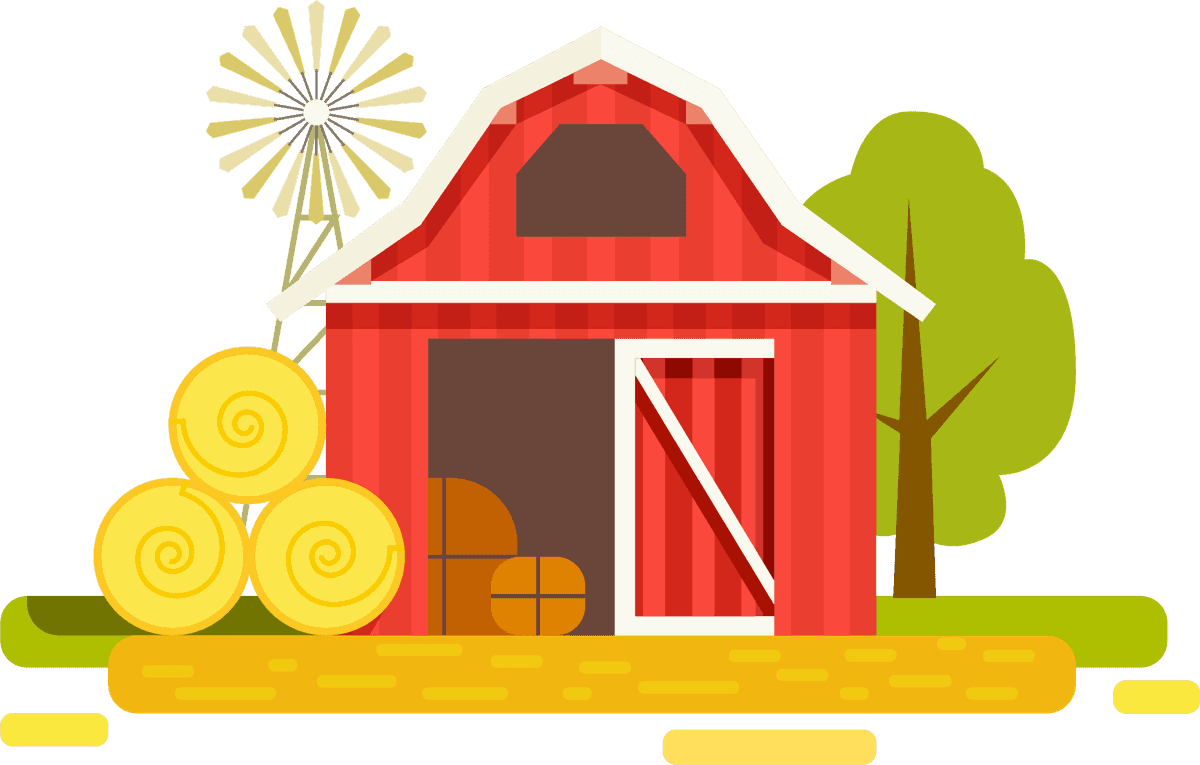 farm flat scenery collection featuring a red barn with hay bales and trees for rural themes