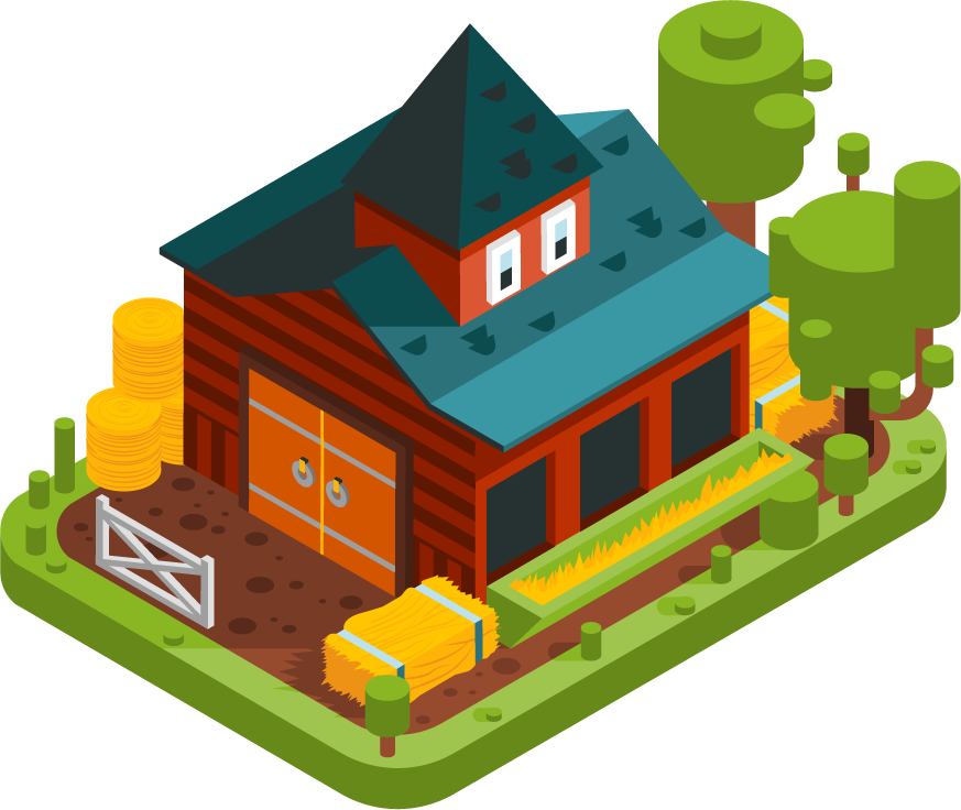 isometric and colorful farm landscape featuring a charming barn and lush trees