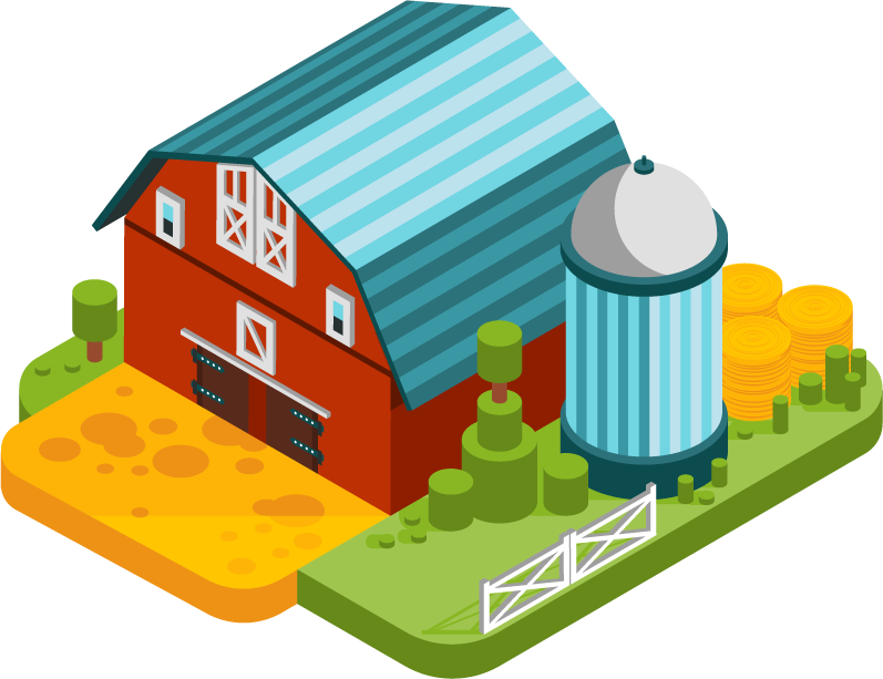 isometric and colorful farm landscape showcasing a vibrant red barn and silo with lush greenery