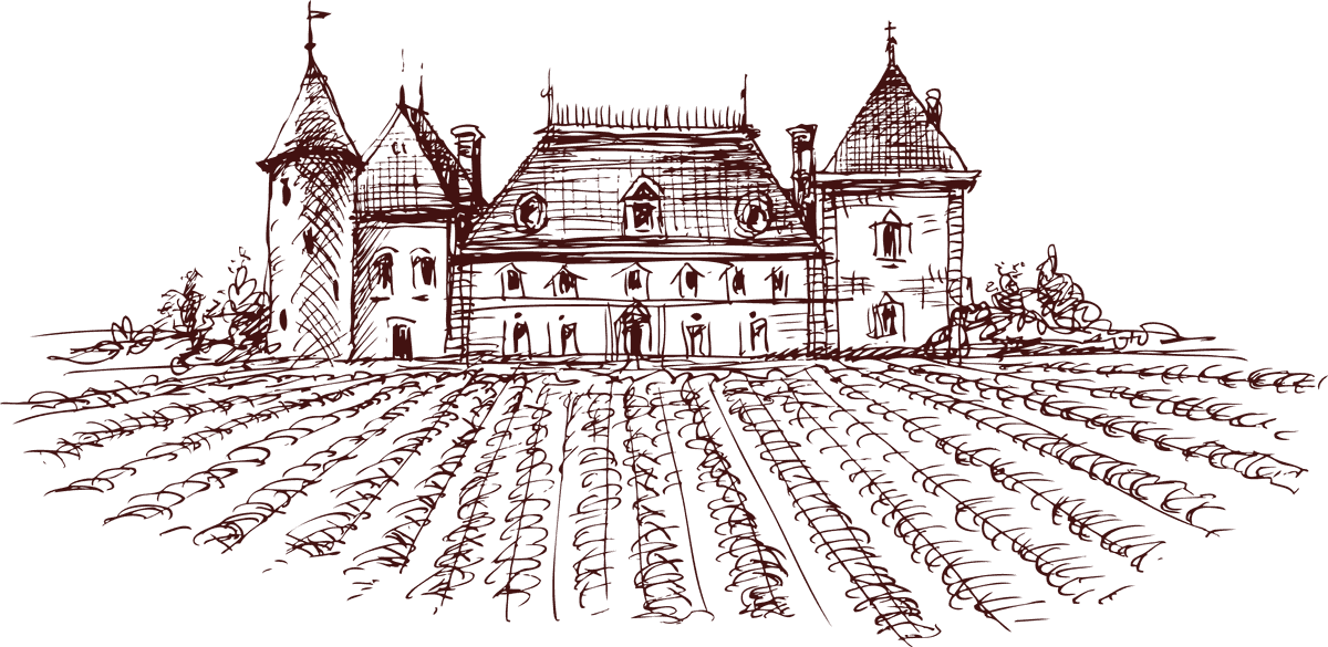 farm line drawing of wine vineyard with rustic buildings and lush scenery