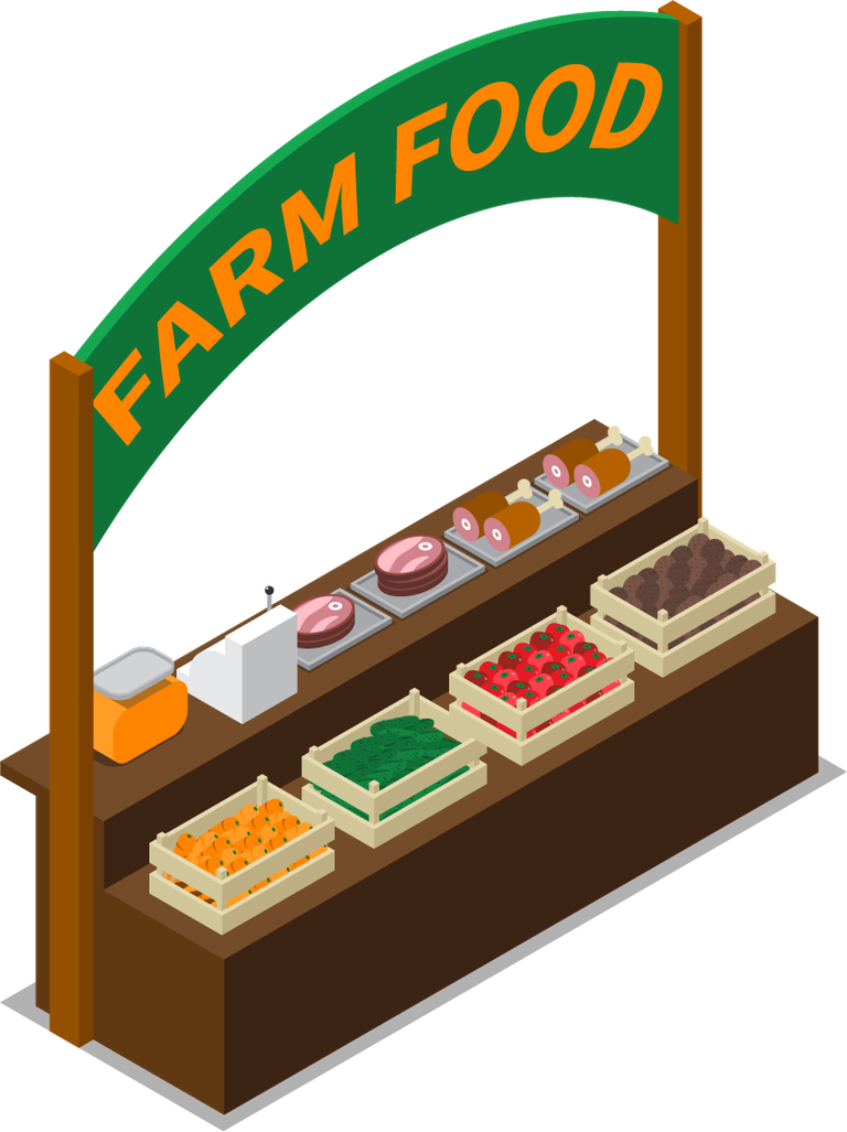 isometric farm market stall illustration showcasing fresh produce and artisanal goods