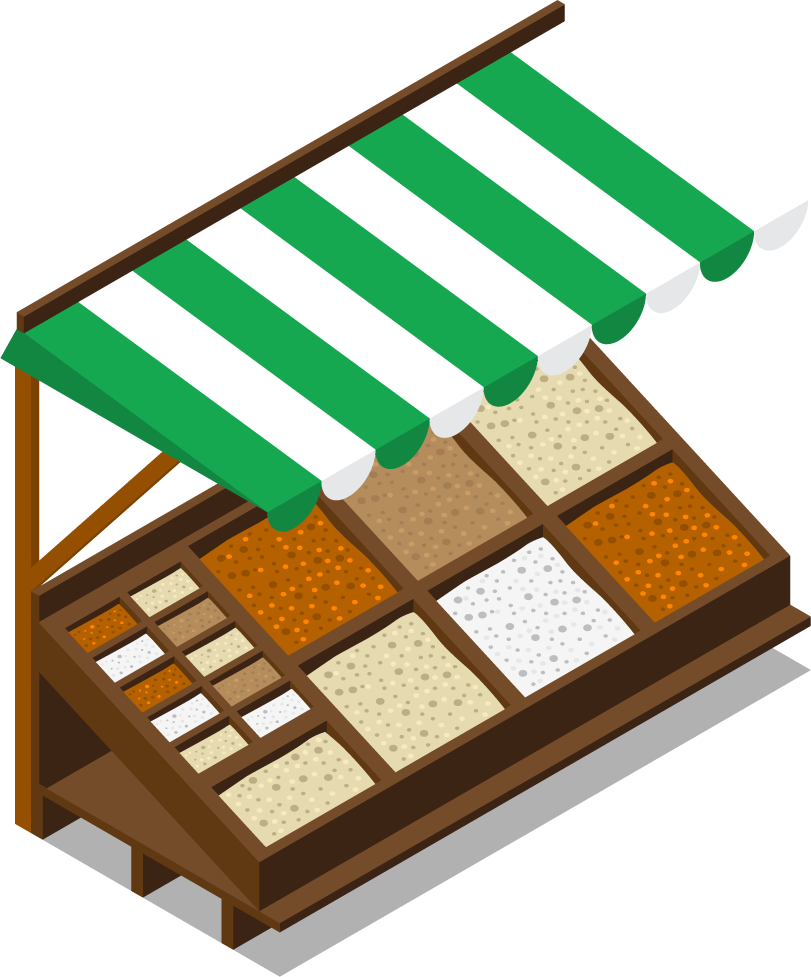 isometric farm market stall illustration with colorful produce and unique layout features