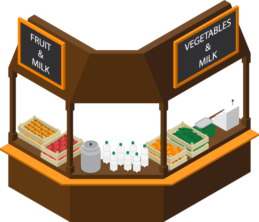 isometric farm market stall illustration showcasing fresh produce and dairy products