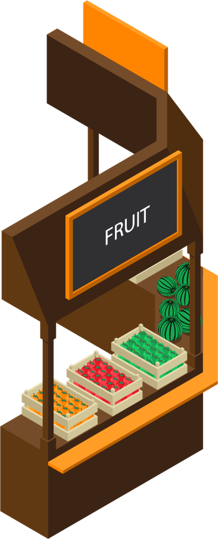 isometric farm market stall illustration featuring vibrant fresh fruits and eye-catching display