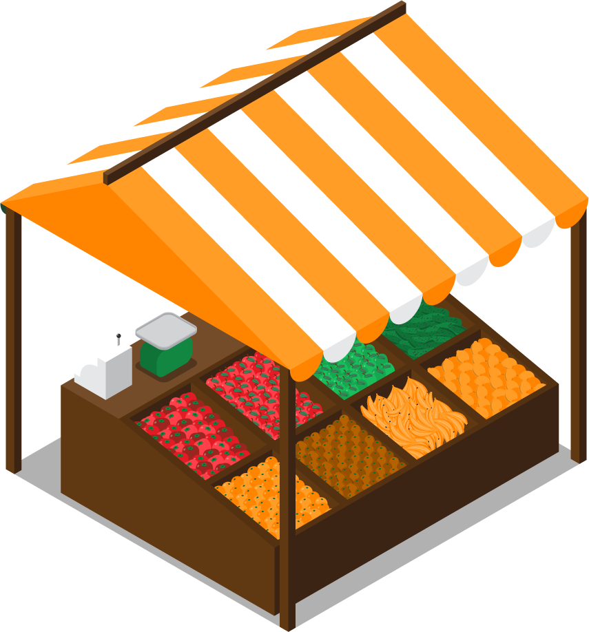 isometric farm market stall illustration featuring fresh produce and vibrant colors for outdoor markets