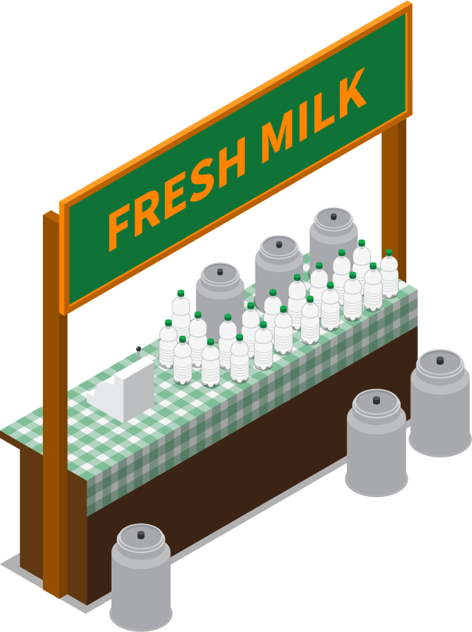 isometric farm market stall illustration featuring fresh milk and cheerful display