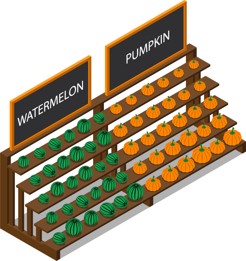 isometric farm market stall illustration showcasing fresh watermelons and pumpkins