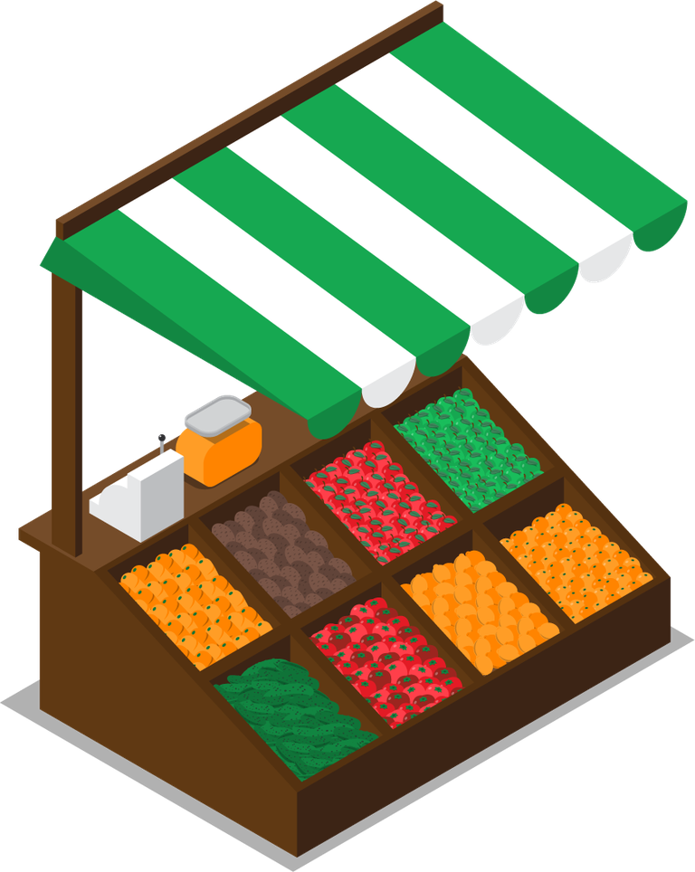 isometric farm market stall illustration with fresh produce and vibrant colors