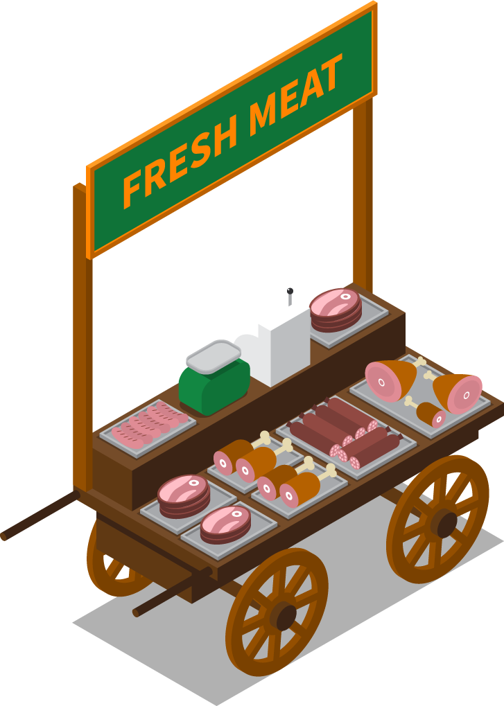 isometric farm market stall illustration showcasing fresh meat products and rustic charm