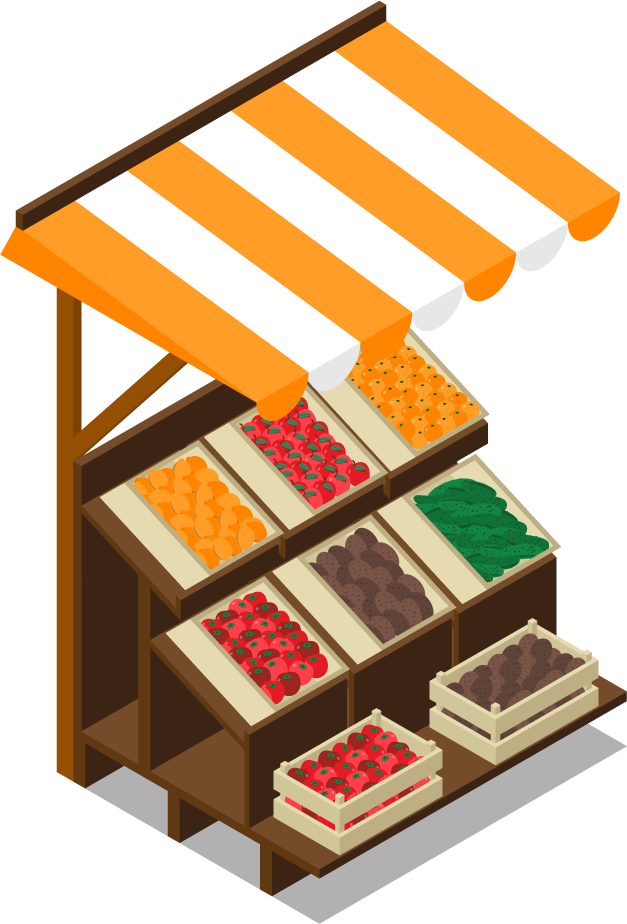 isometric farm market stall illustration featuring fresh fruits and vegetables under a striped awning