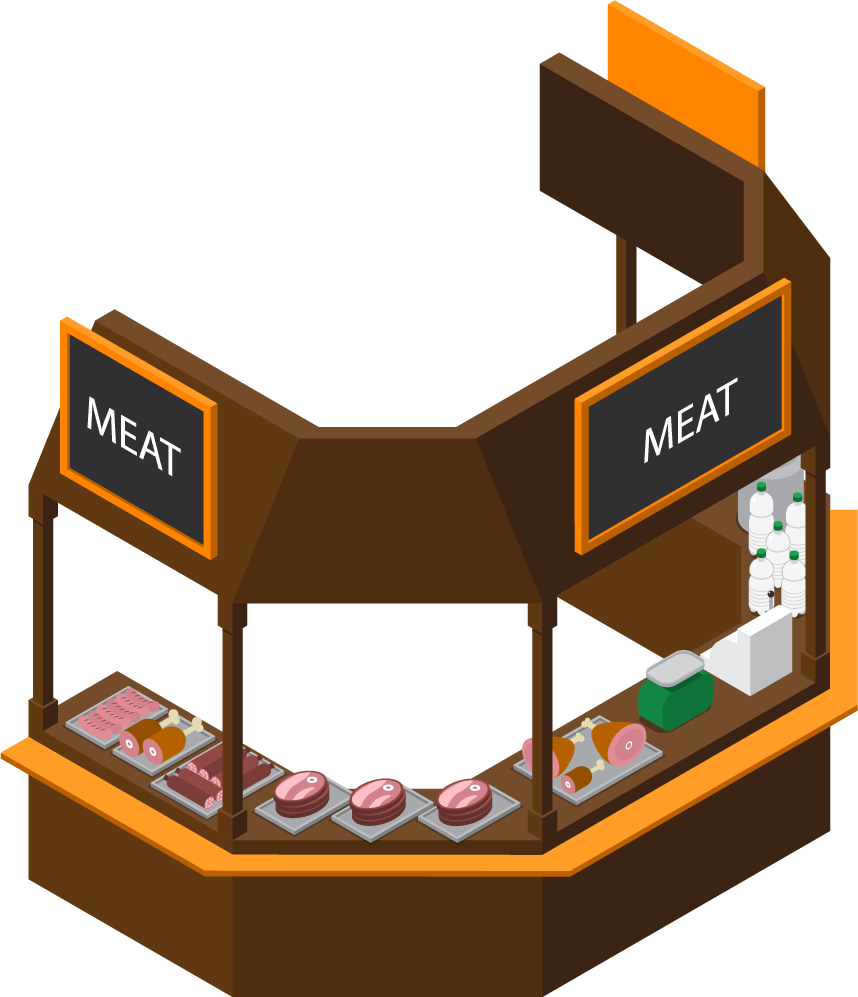 isometric farm market stall illustration showcasing a vibrant meat display and fresh produce