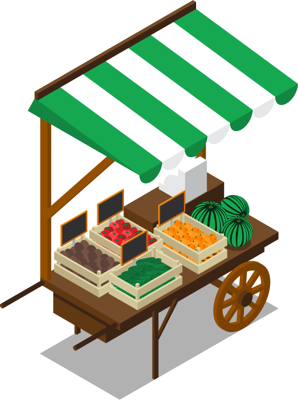 isometric farm market stall illustration with fresh fruits and vegetables on display