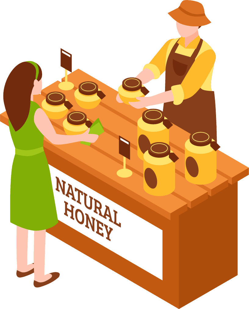 Isometric marketplace with farmers selling fresh meat fruit vegetables