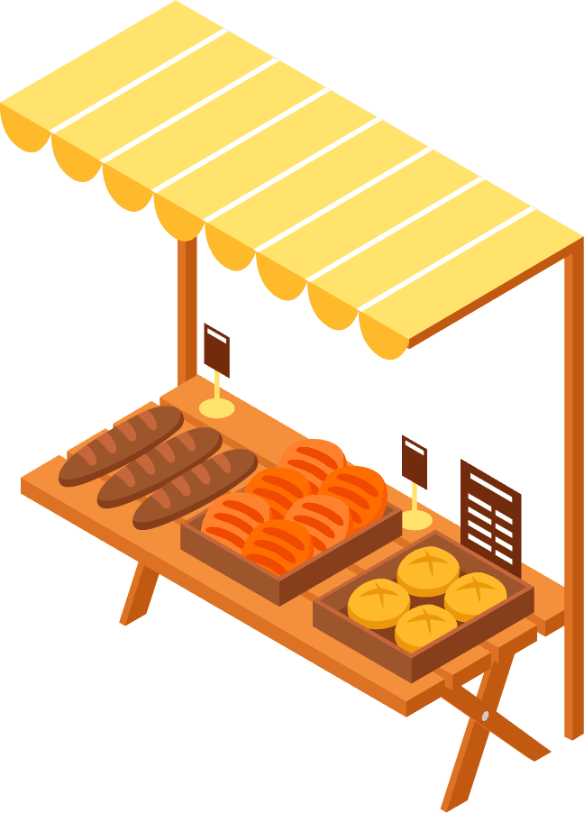 Isometric marketplace with farmers selling fresh meat fruit vegetables
