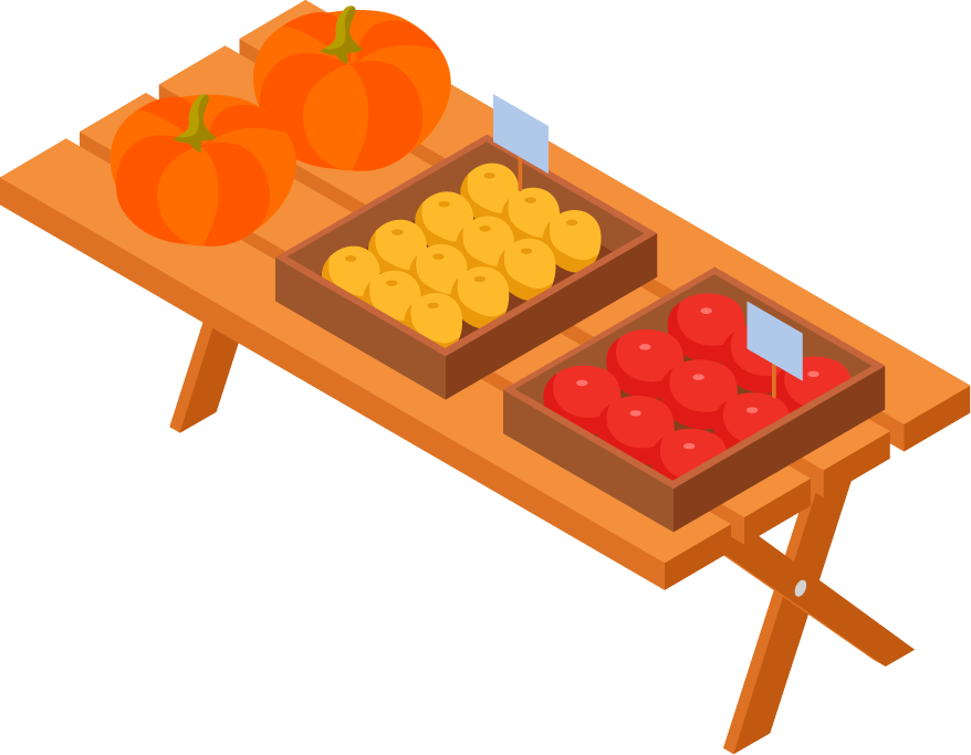 Isometric marketplace with farmers selling fresh meat fruit vegetables