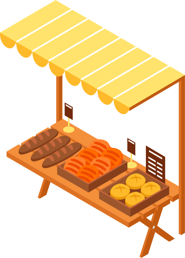 Isometric marketplace with farmers selling fresh meat fruit vegetables