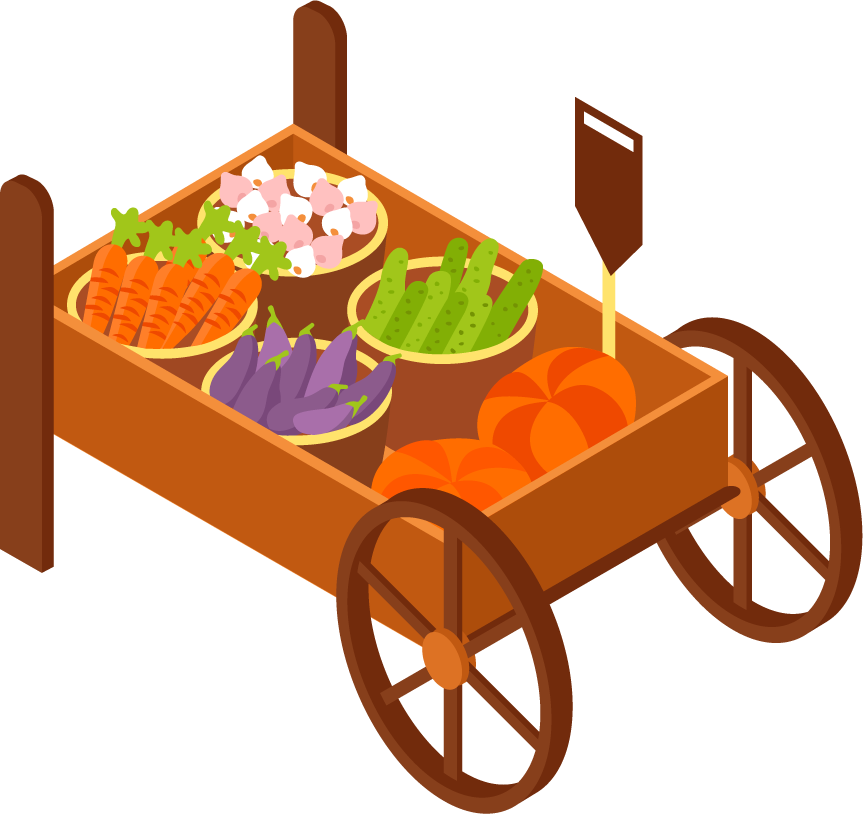 Isometric marketplace with farmers selling fresh meat fruit vegetables