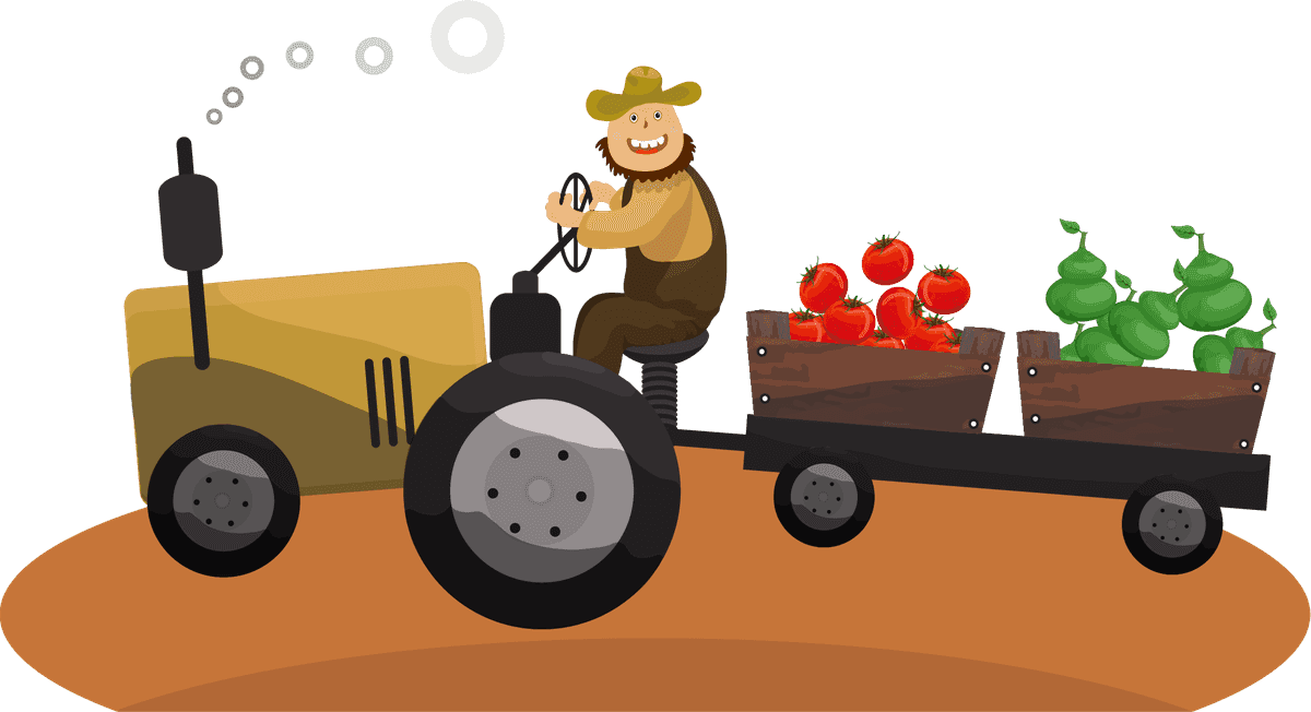 farming icons colored cartoon sketch featuring a cheerful farmer on a tractor