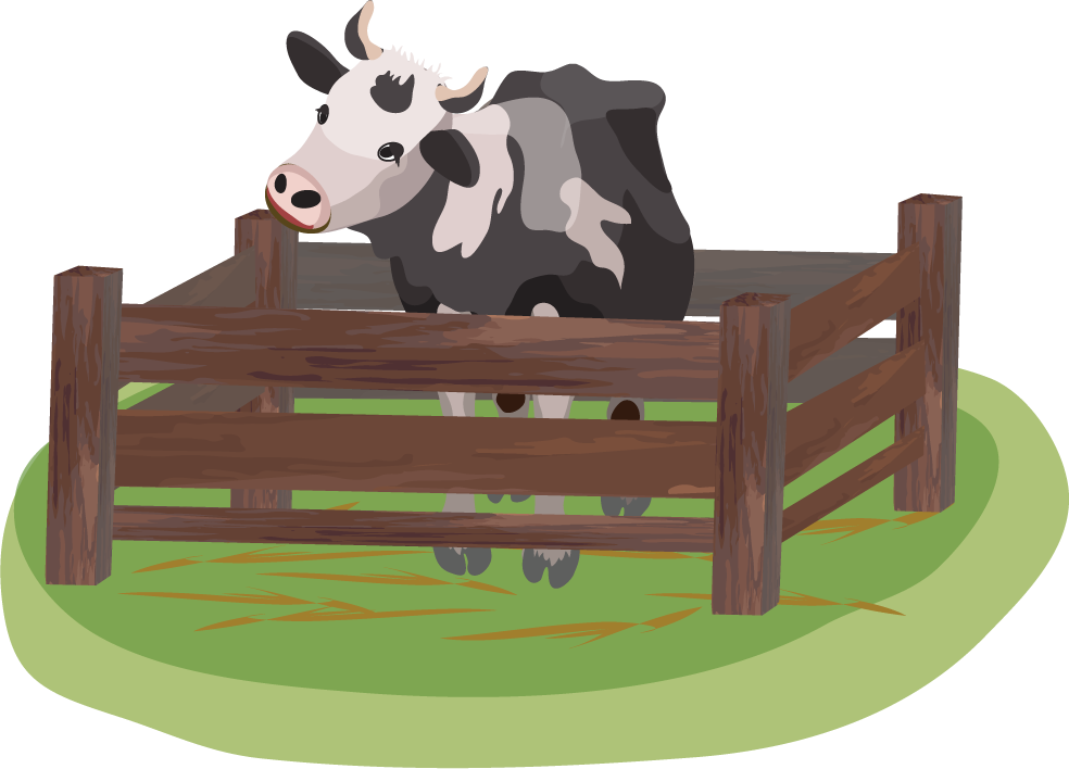 farming icons colored cartoon sketch of a cow in a wooden pen with grass background