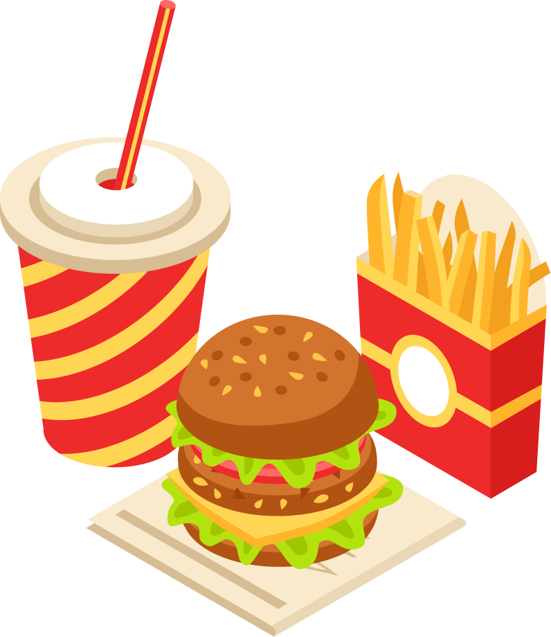 Difference types of fast food, street food illustration