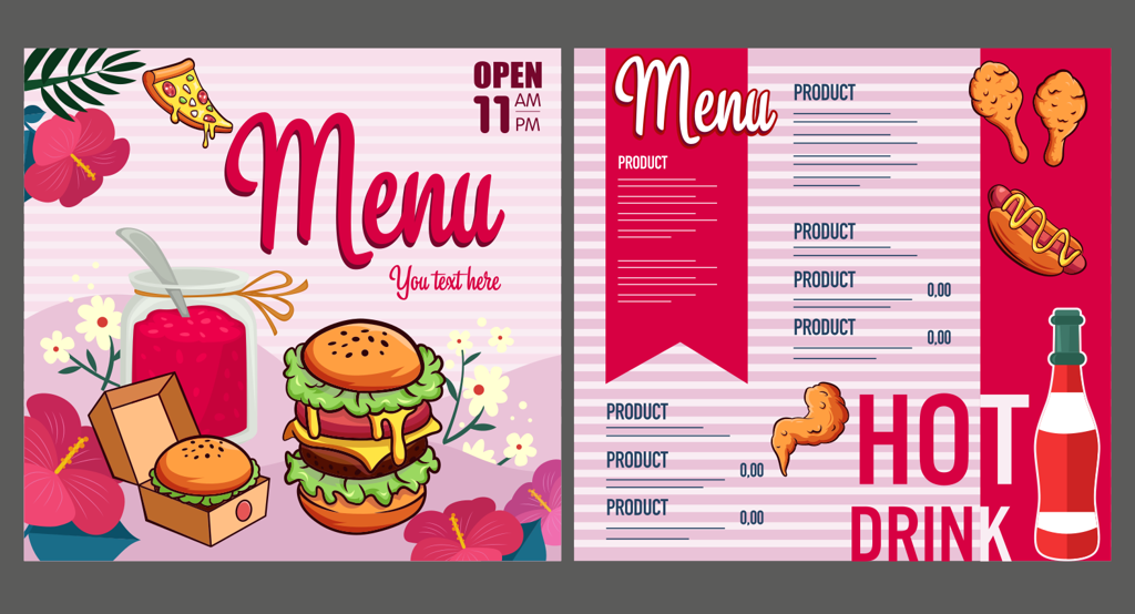 fast food restaurant menu with vibrant colors and playful illustrations for a fun dining experience