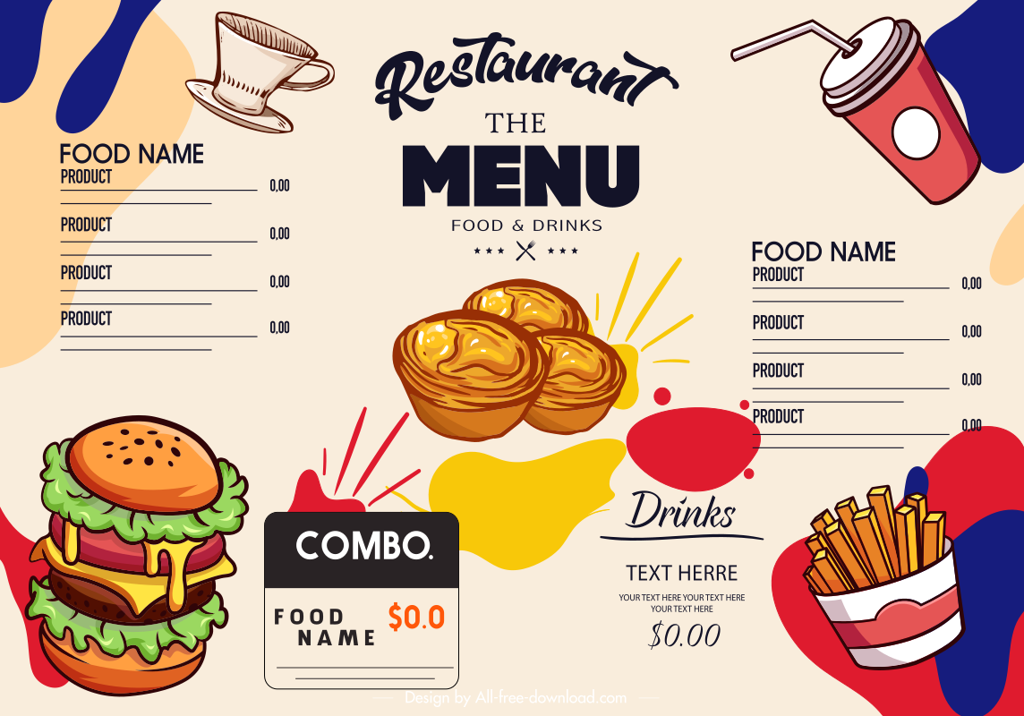 fast food restaurant menu layout with colorful graphics and interactive food options