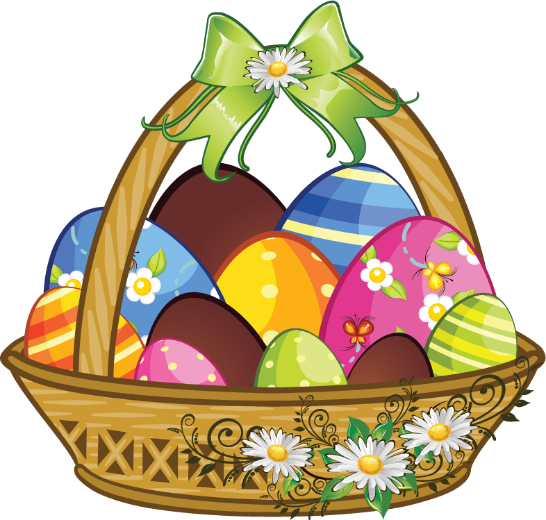 felice pasqua design set: colorful easter basket with decorative eggs and flowers