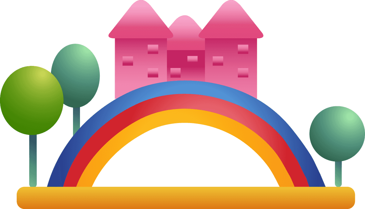 female color icon vector of a playful rainbow and cute cartoon castle scene
