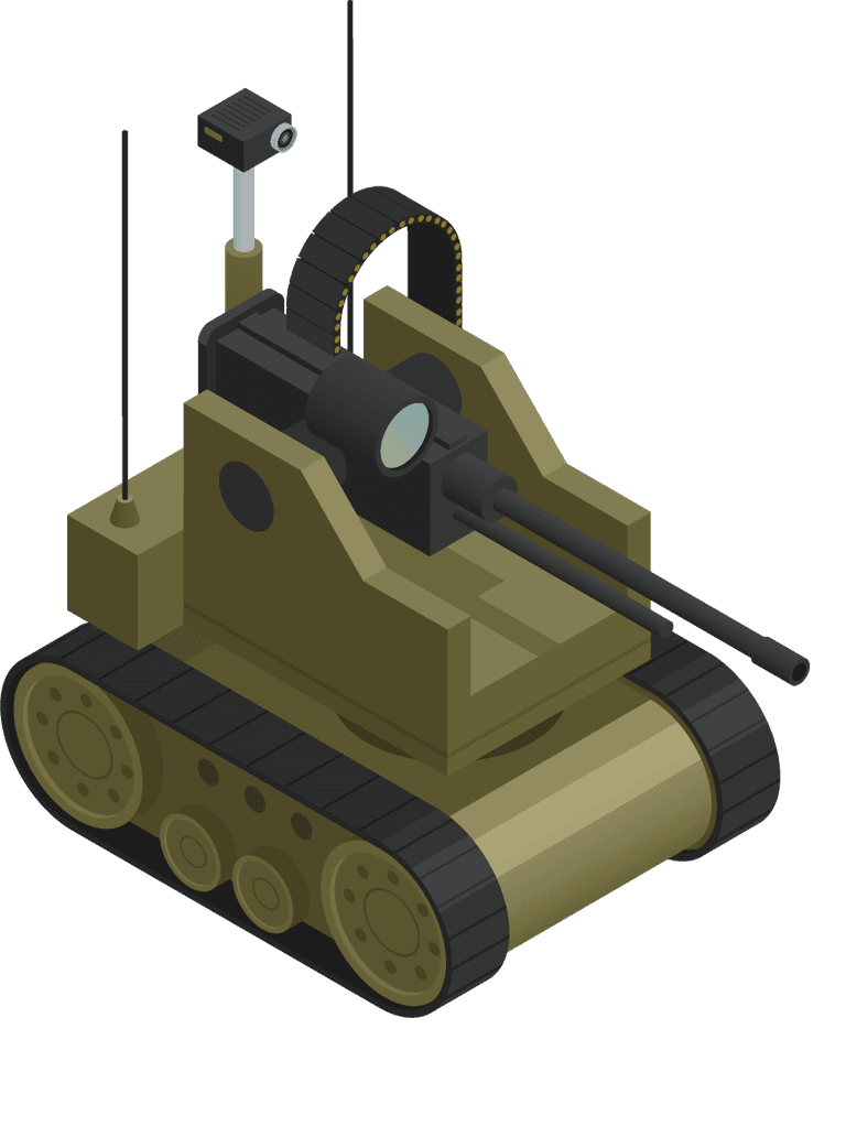 fighting robots isometric icons showcasing military-grade robotic tank features and capabilities