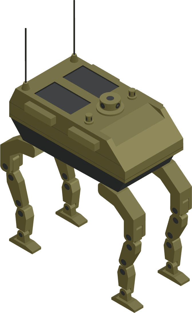 fighting robots isometric icons featuring a four-legged robotic combat unit for modern gaming