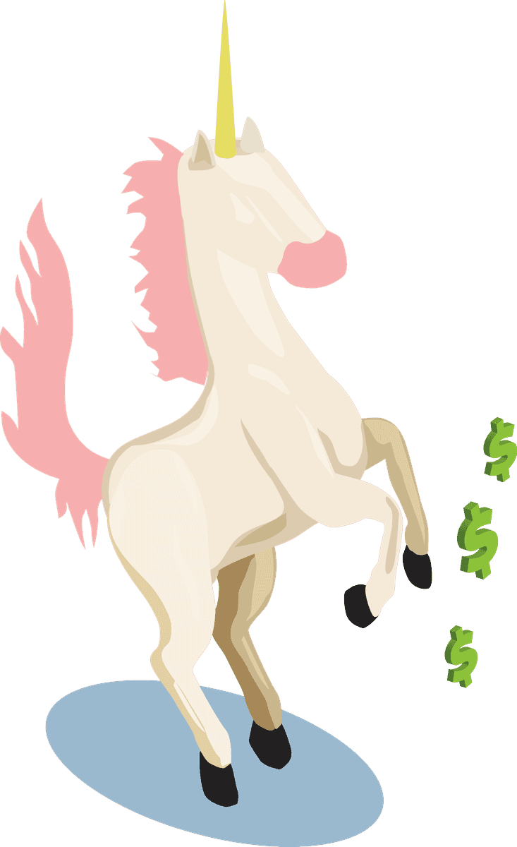 isometric financial technology icon featuring a playful unicorn with money symbols