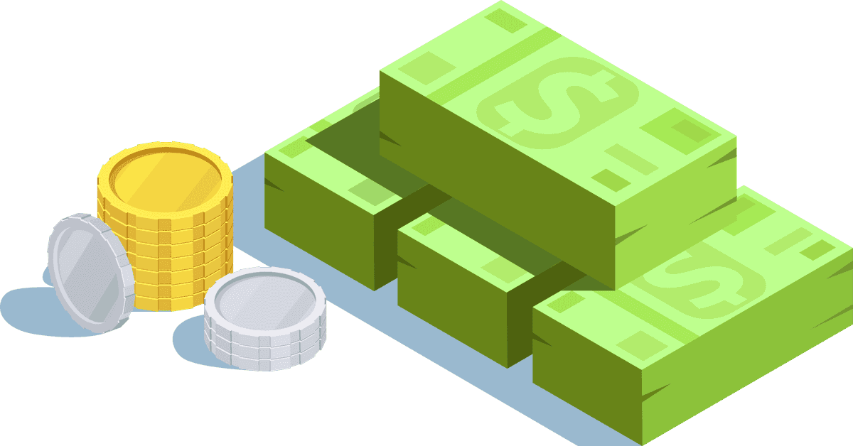 isometric financial technology icon featuring stacked currency notes and coins for digital transactions